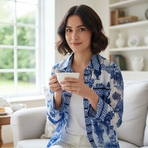PrettyLittleThing Blue & White Chinoiserie Button-Down Shirt | Size US 4 |
